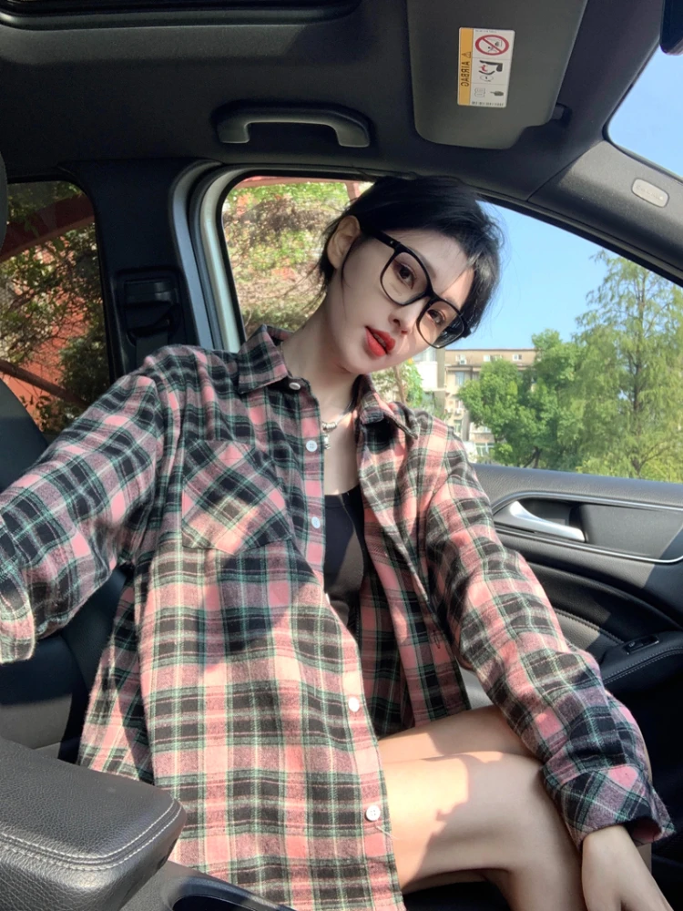 Клетчатые рубашки женские ретро весенние свободные повседневные однобортные