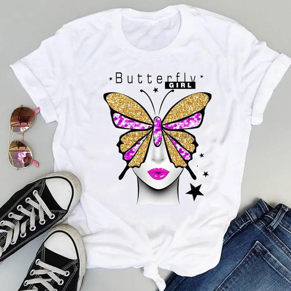 

Women Fashion Print Sweet Cartoon 90s Butterfly Trend New Cute Summer Short Sleeve Lovely Clothes Tops Tees Tshirt T-Shirt