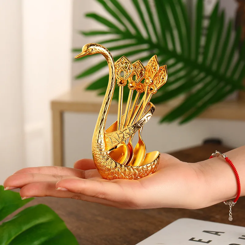 

Swan Fruit Spoon Storage Kitchen Fashion Creative Metal Craft Tableware Swan Dessert Spoon Golden Set Home