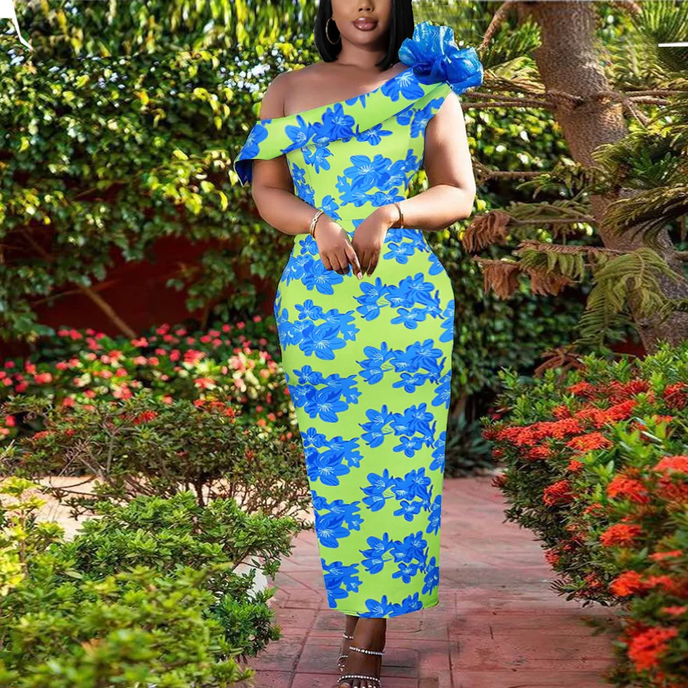 2022 Spring And Summer Women Blue Flower Slim Party One Shoulder Dress