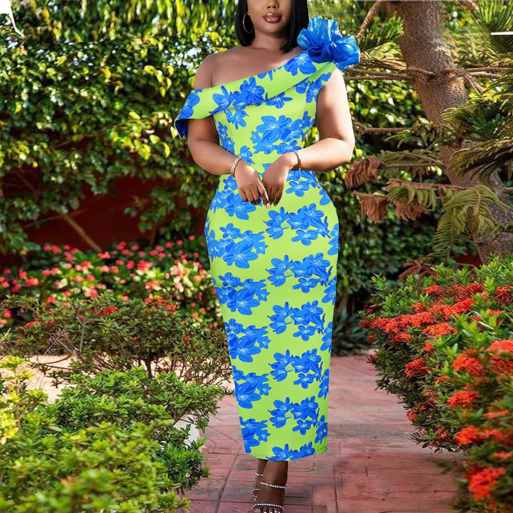 

2022 Spring And Summer Women Blue Flower Slim Party One Shoulder Dress