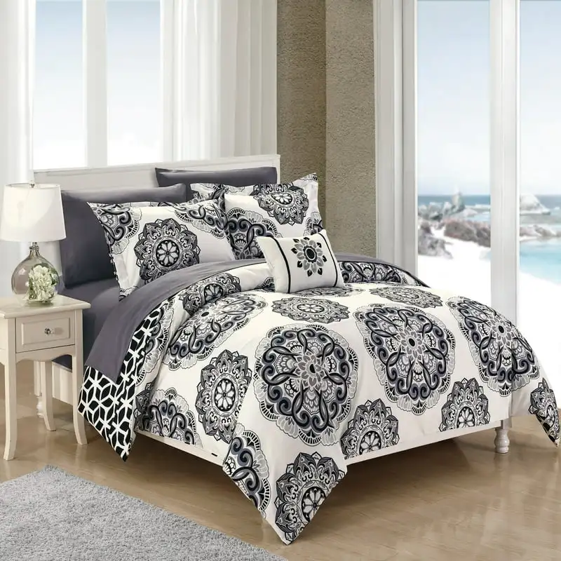 

6-Piece Reversible Geometric Comforter Set, Twin, Black