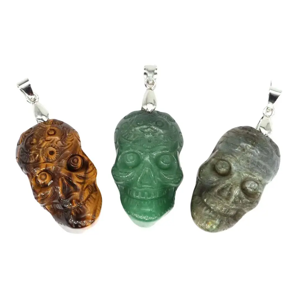 

1.2"Natural Stone Carved Skull Head Shape Pendant Chakra Healing Crystal Charms Beads Fit Necklace Jewelry Making Halloween Gift