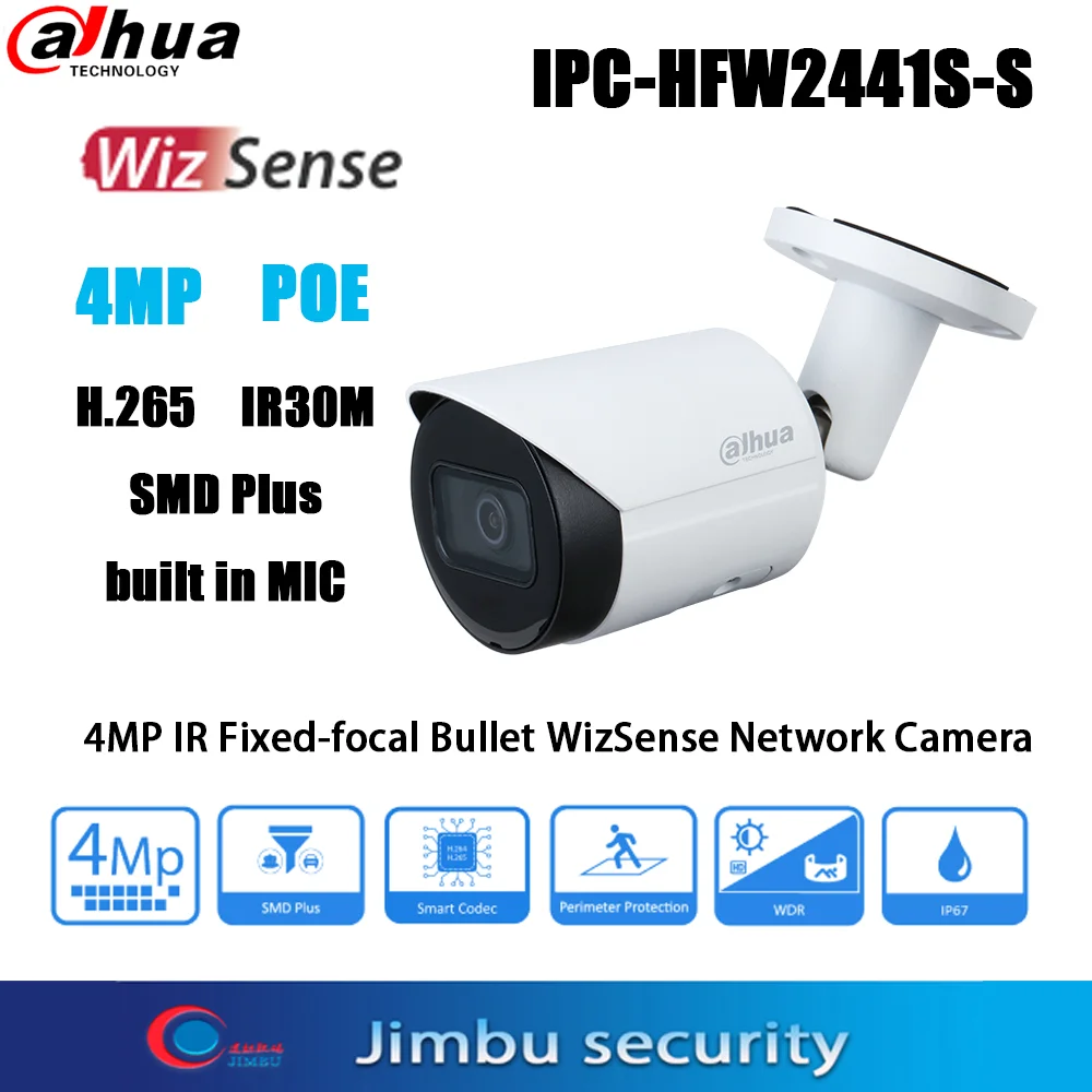 

Dahua IPC-HFW2441S-S 4MP POE IPtv H.265 IR30M Built in MIC Fixed-focal Bullet WizSense Network Camera original English version