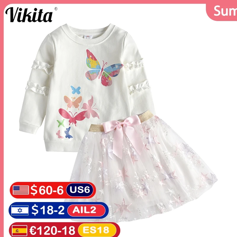 VIKITA Girl Autumn Casual Clothing Sets Unicorn Butterfly Rabbit Long Sleeve Tops and Bow Mini Skirts Set Children 2pcs Clothing