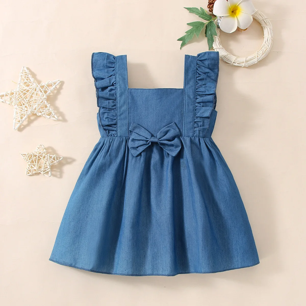 

Baby Girl Clothes Infant Fashion Dress Children Solid Denim Bow Ruffle Suspender Dresses Toddler Summer Cute Casual Clothing