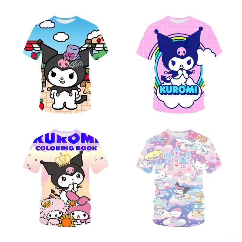

Летняя футболка Sanrio с мультипликационным изображением персонажа из мультфильма «Моя Мелодия» Hello Kitty, одежда с 3d-рисунком, детская модная футболка для девочек и мальчиков, повседневный Топ