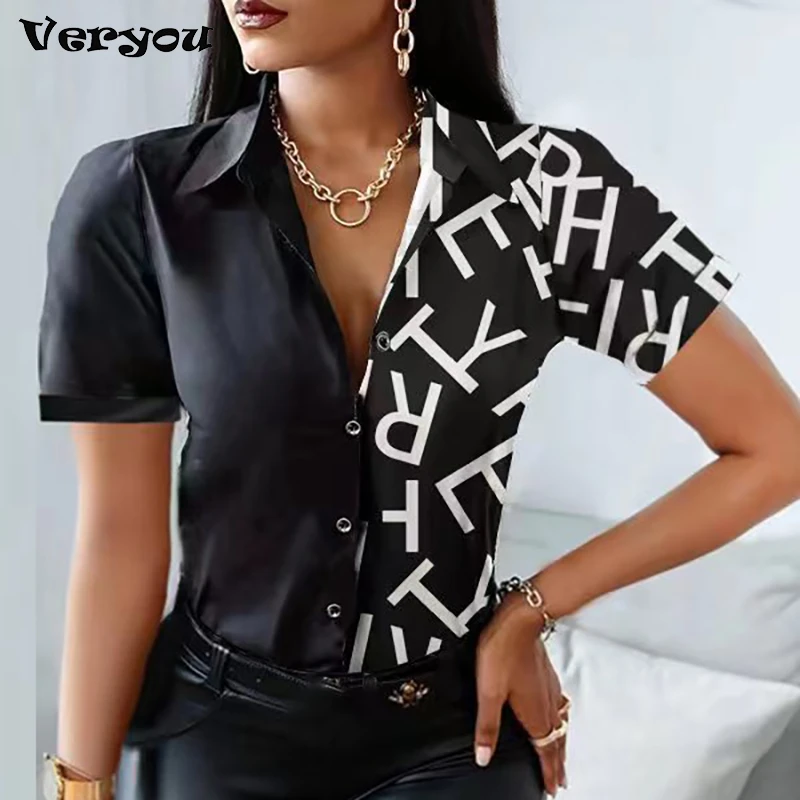 

Блузка женская с отложным воротником и коротким рукавом, на пуговицах