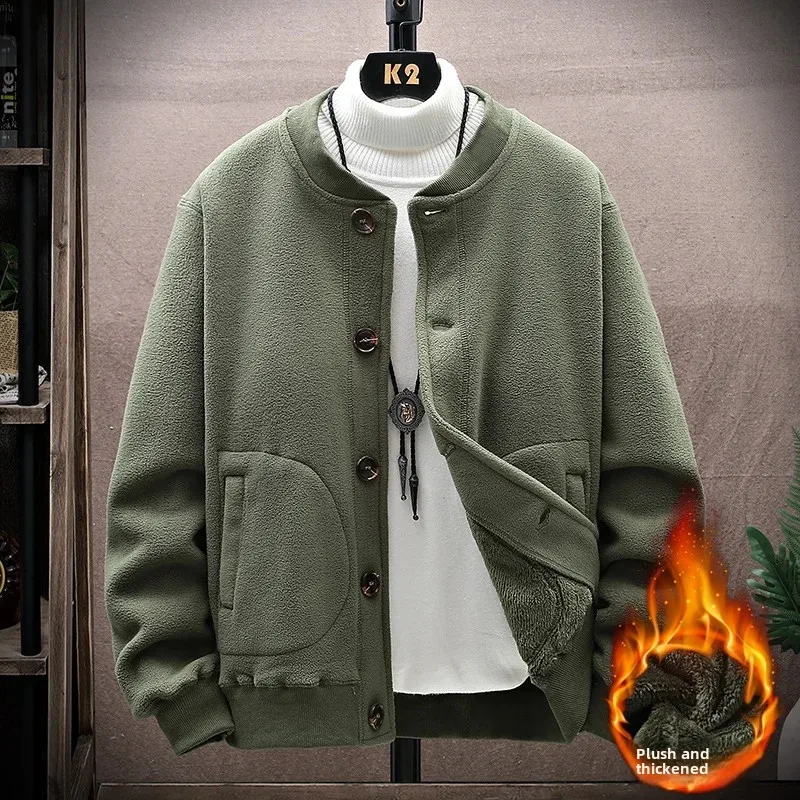 Wholesale Men's Fleece-Lined and Thickened Round Neck Cardigan Sweatshirt Autumn Winter Fleece Jacket Casual Loose Top Outerwear