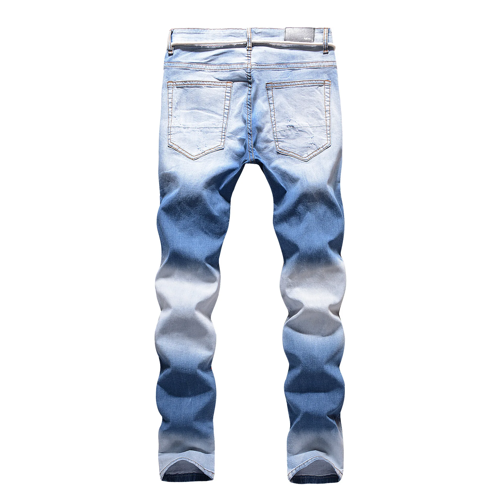 High Street Ripped Jeans Men Fashion Light Blue Knee Hole High Elastic Denim Trousers Destroyed Retro Slim Jeans for Men