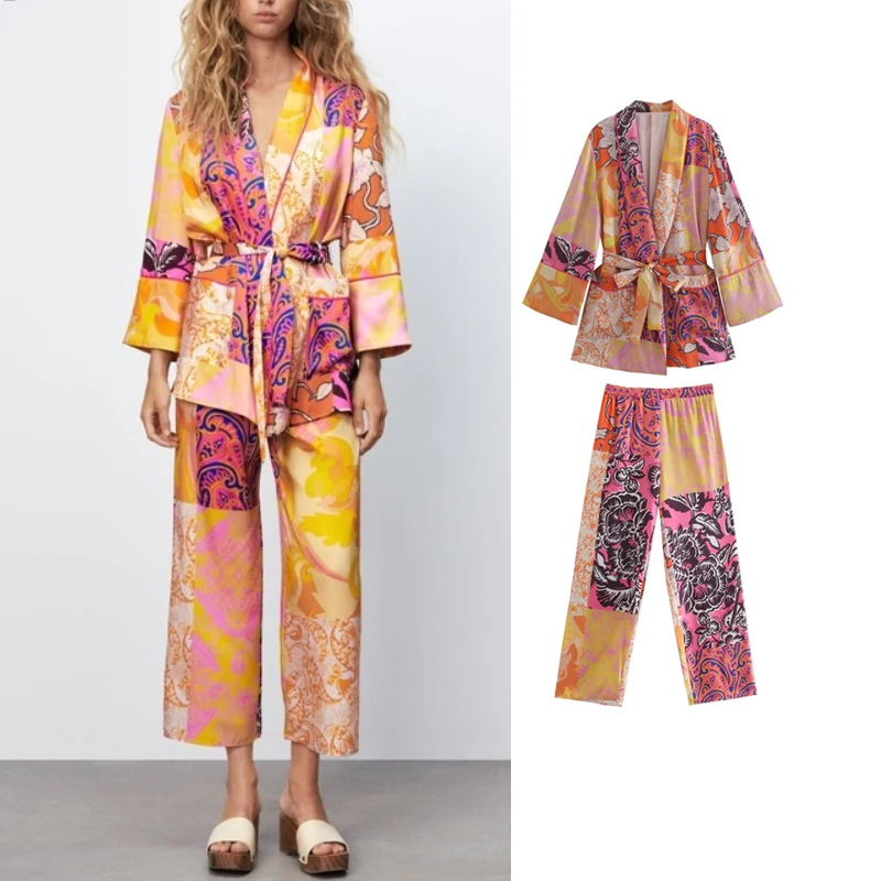 

Блузка женская с длинным рукавом и V-образным вырезом, Модный комплект с принтом, свободная рубашка с поясом и брюки с широкими штанинами, ул...