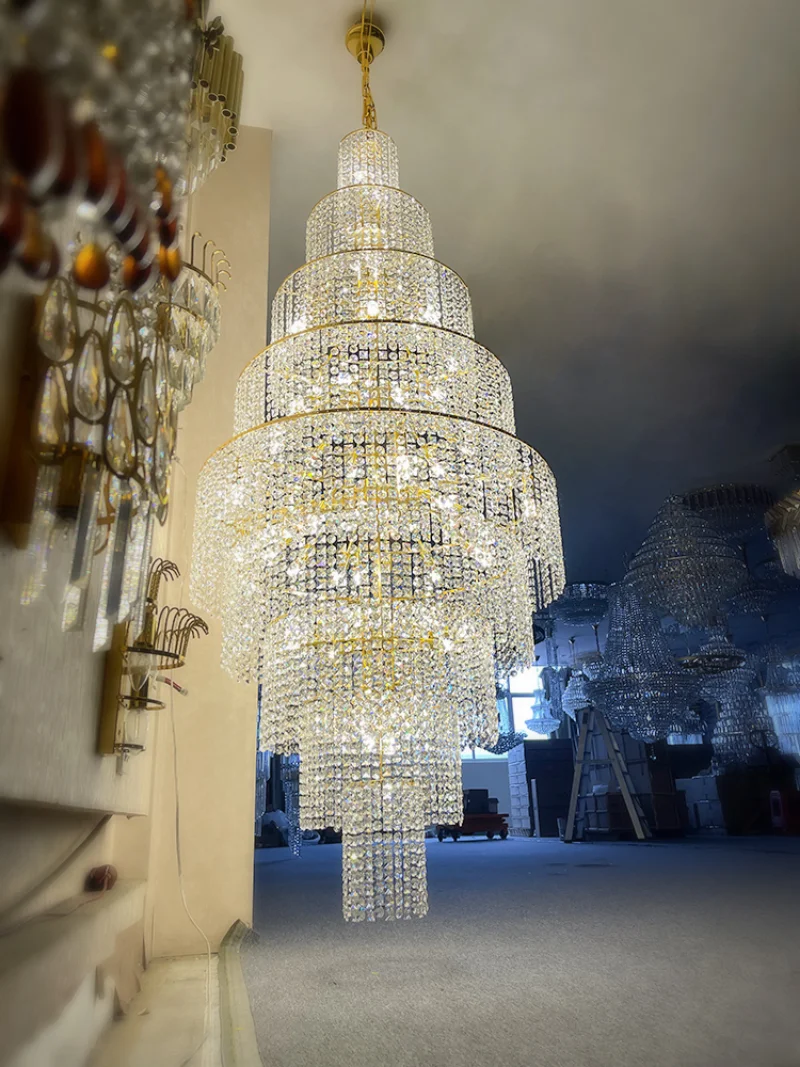 

Originality Luxury Staircase Chandeliers Gold Crystal Hanging Pendant Lamp Hotel Lobby Duplex Building Large For Decoration