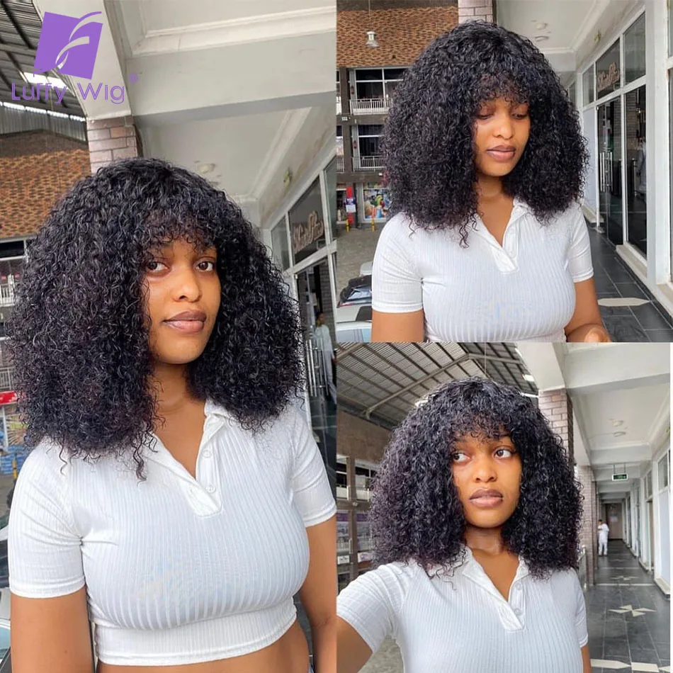 Short Bob Jerry Curly Wigs With Bangs Human Hair Pixie Cut No lace Wig Glueless Remy Brazilian Kinky Curiy Full Machine Made Wig