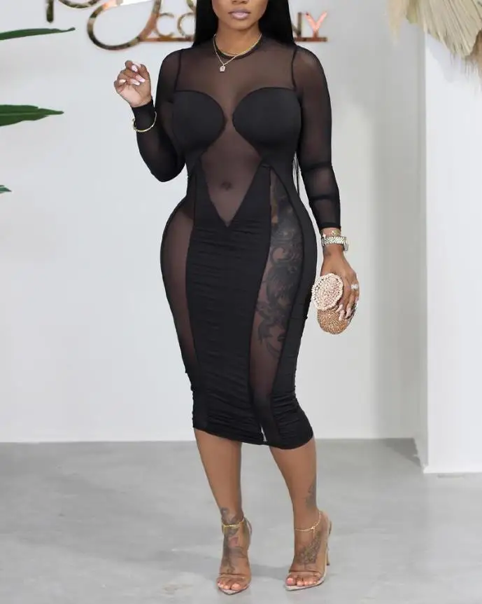 

Облегающее прозрачное Сетчатое платье с длинным рукавом, осень 2022, модная женская одежда в европейском и американском стиле, простые обтяги...