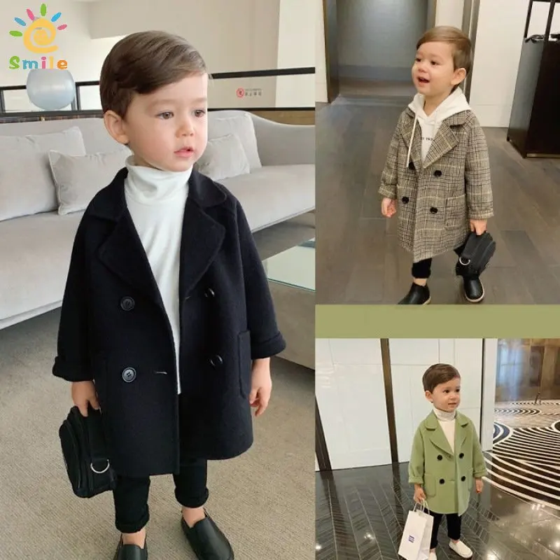 

Spring Grid Jackets Boy Girls Woolen Long Double Breasted Warm Infant Toddle Lapel Tweed Coat Spring Spring Autumn Baby Overcoat