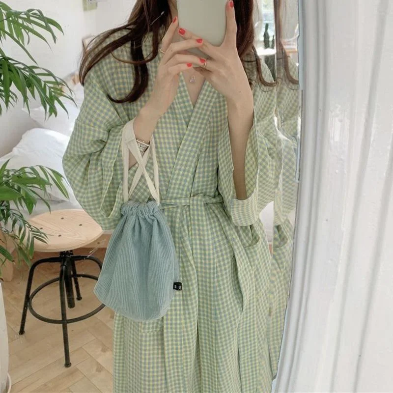 Bathrobe Women Cotton Long Sleeve Robe Plaid Female Japanese Kimono Autumn Sleepwear Home Clothes for Sleeping Pajamas Nightgown