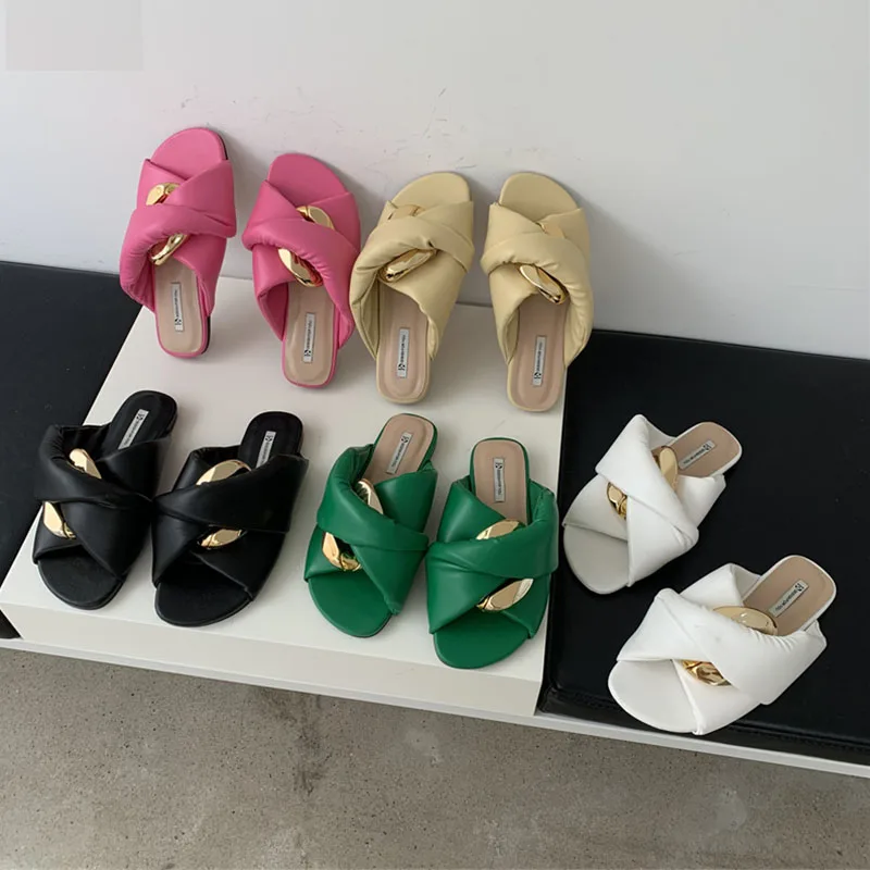 

2022 Summer Brand Women Pink Slipper Fashion Gold Buckle Round Toe Ladies Slides Flat Heel Casual Outdoor Sandal Flip Flops