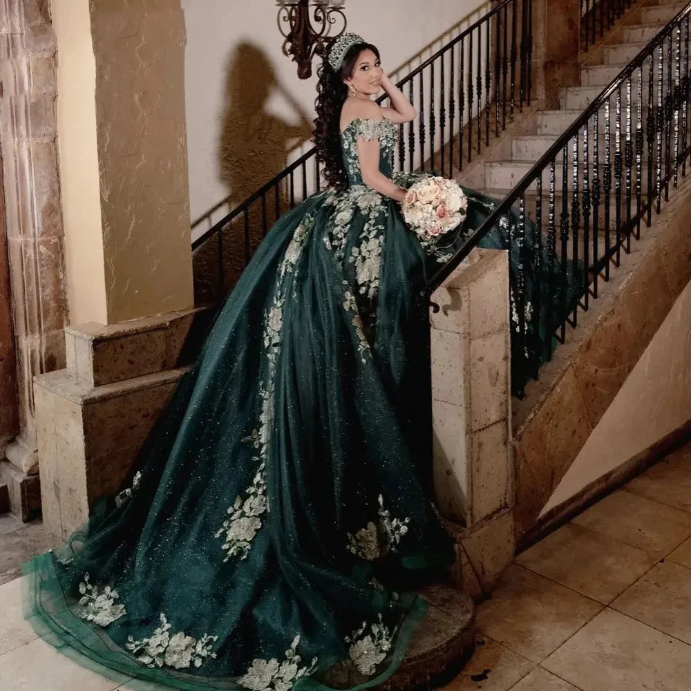 Зеленое бальное платье Hunter с открытыми плечами платья Quinceanera 2024 милые 16 платьев