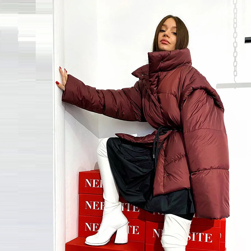 Warm Fashion Long-Sleeved Detachable Hood Loose Cotton Clothing Hundred Press Button Drawstring Drawstring Waist Two Wear Jacket