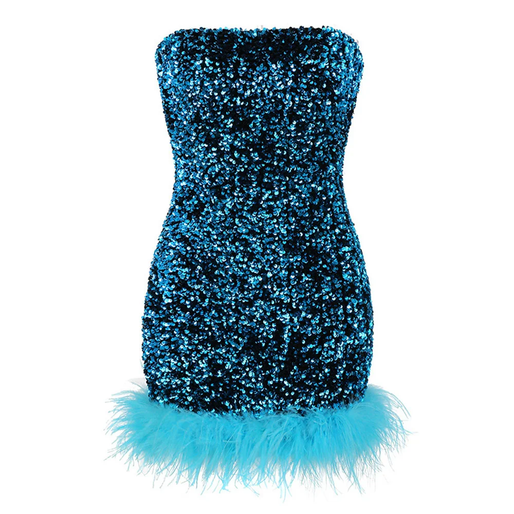 Fashion Sexy Short Sequins Dress Women 2023 Summer Autumn Slash Neck Tassels Feathers Tulle Bodycon Mini Dresses Evening Party