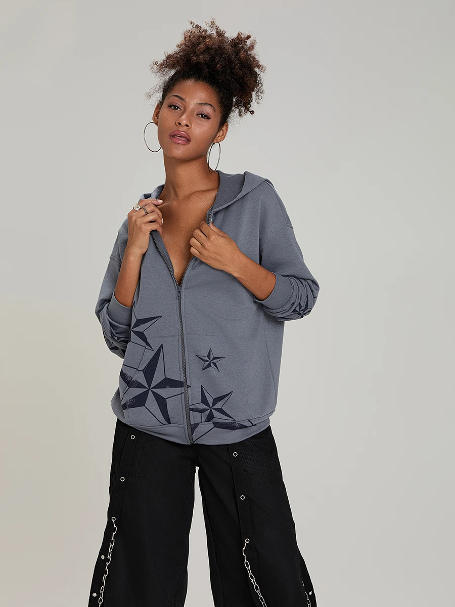 Женские готические толстовки на молнии в стиле панк с длинным рукавом и звездным