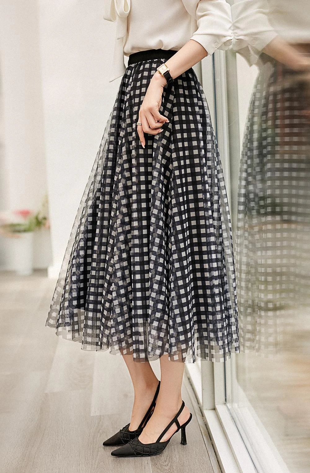

Women Chic Plaid Gauze Full Skirt High Waist Elegant Korean Fashion Fairycore A-line Sweet Casual Summer Clothing