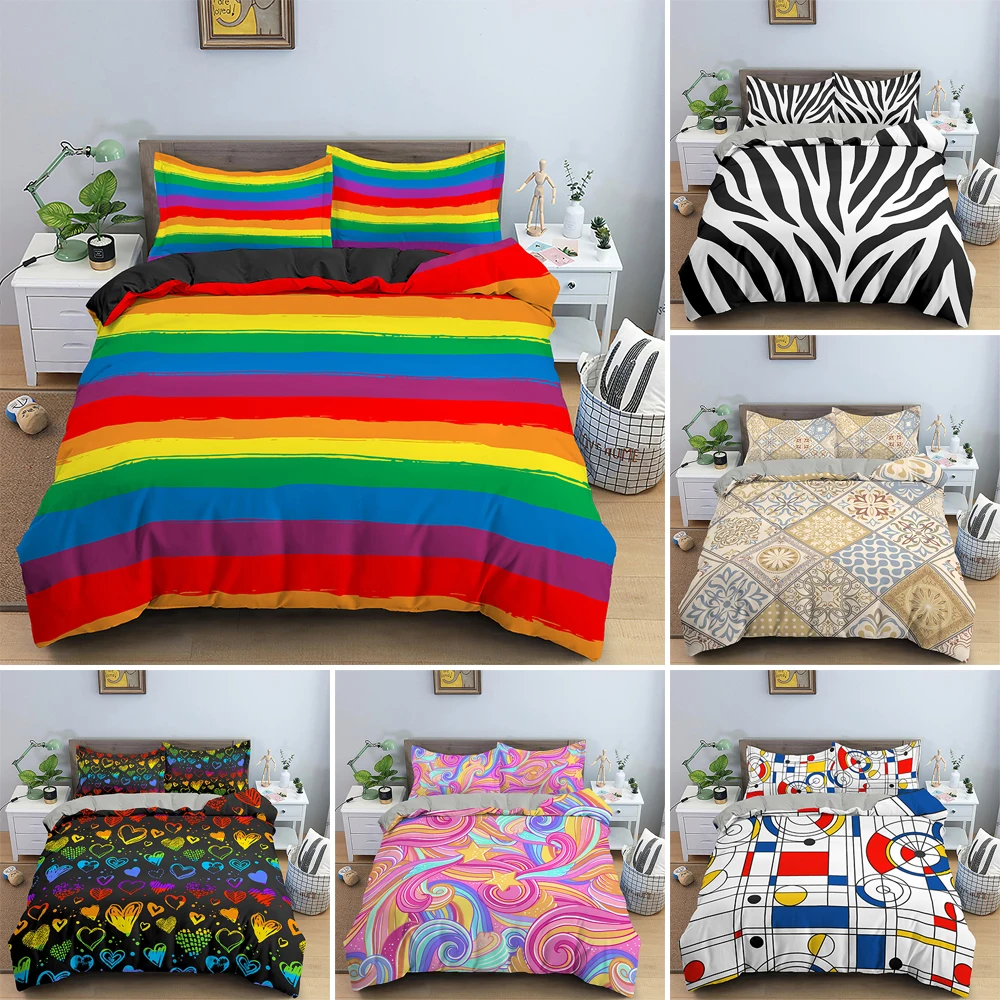 

Geometric Printed Bedding Set 2/3Pcs Colorful Stripe Duvet Cover Optical Illusion Quilt Cover Holiday gifts for boys and girls