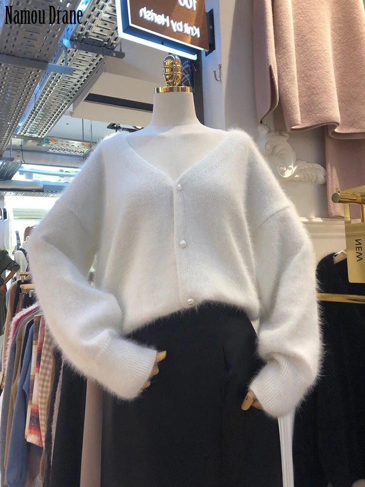 

Namou Drane Korean-style 2022 Autumn Winter New Fashion Versatile Loose Pearl Button V-neck Mink Sweater Sweater Jacket