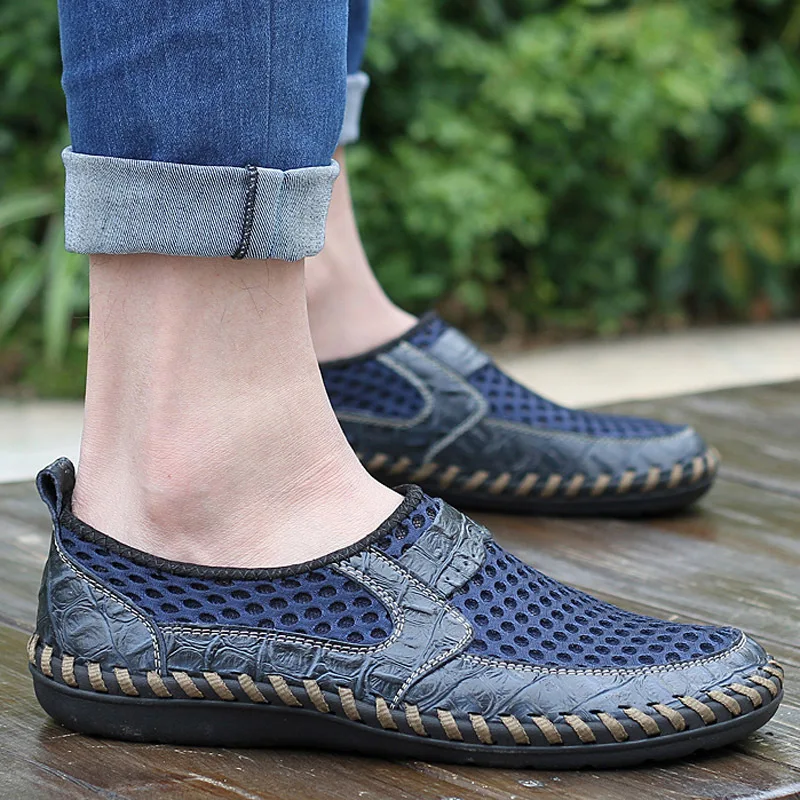 

Code summer new cowhide crocodile pattern a foot pedal casual shoes leather breathable mesh shoes