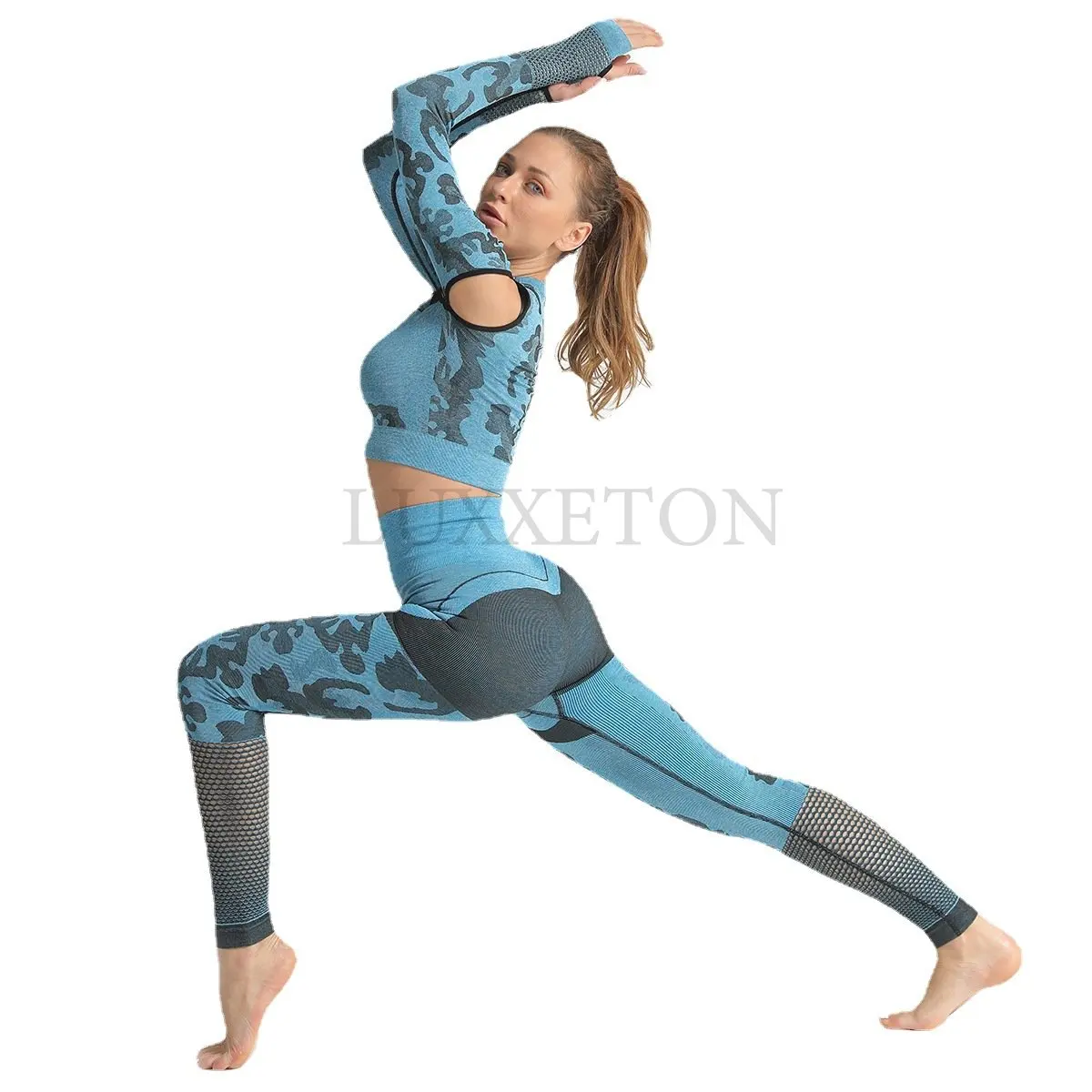 

2PCS Camouflage Camo Gym Set Sports Wear For Women Workout Fitness Clothing Booty Fitness Leggings + Long Shirt Sport Suit Femme