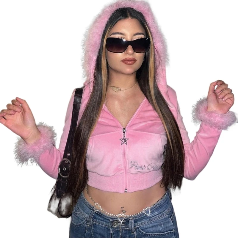 

Rhinestones Letter Hoodie Jackets Women Autumn Solid Long Sleeve Cropped Coat