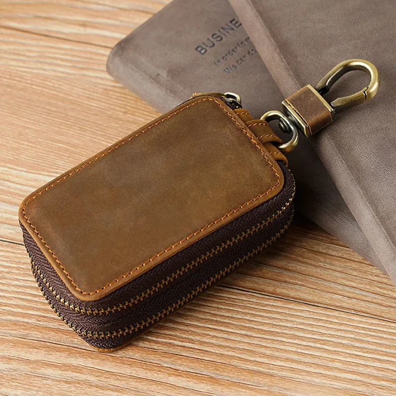 

AETOO Crazy Horse leather Keychain Bag Double zipper cowhide Car Key bag General Motors Multifunctional household Double layer
