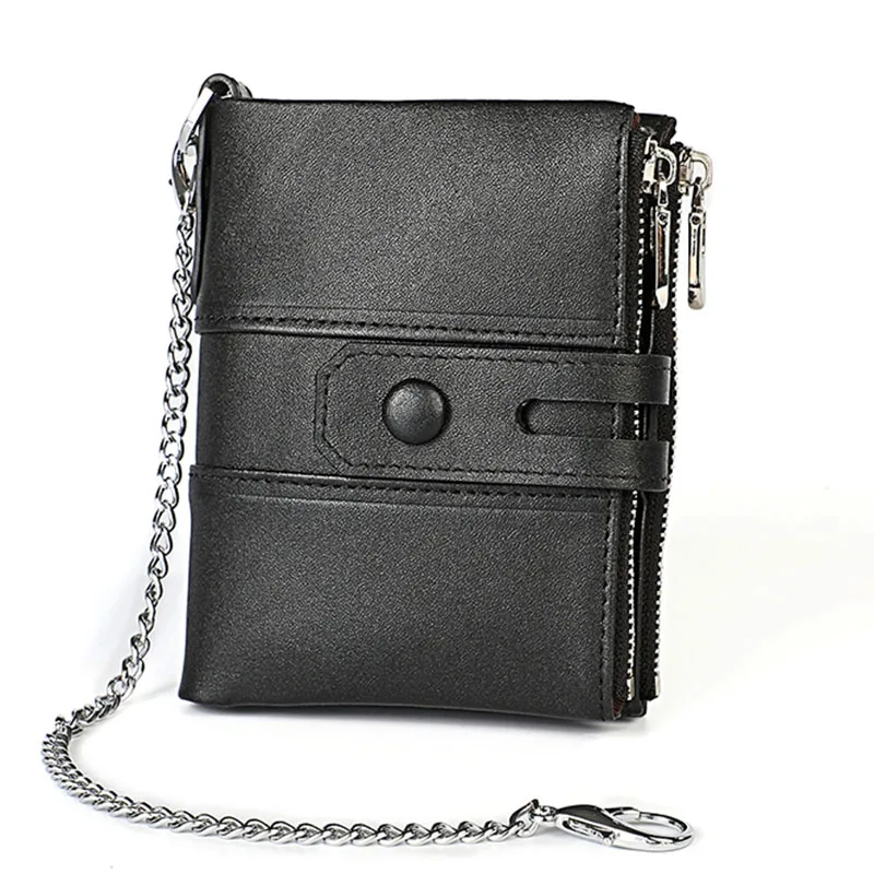 Zipper Genuine Leather Wallets for Men and Women Coin Purse RFID Blocking Business Credit Card ID Holder Bag Wallet Chain