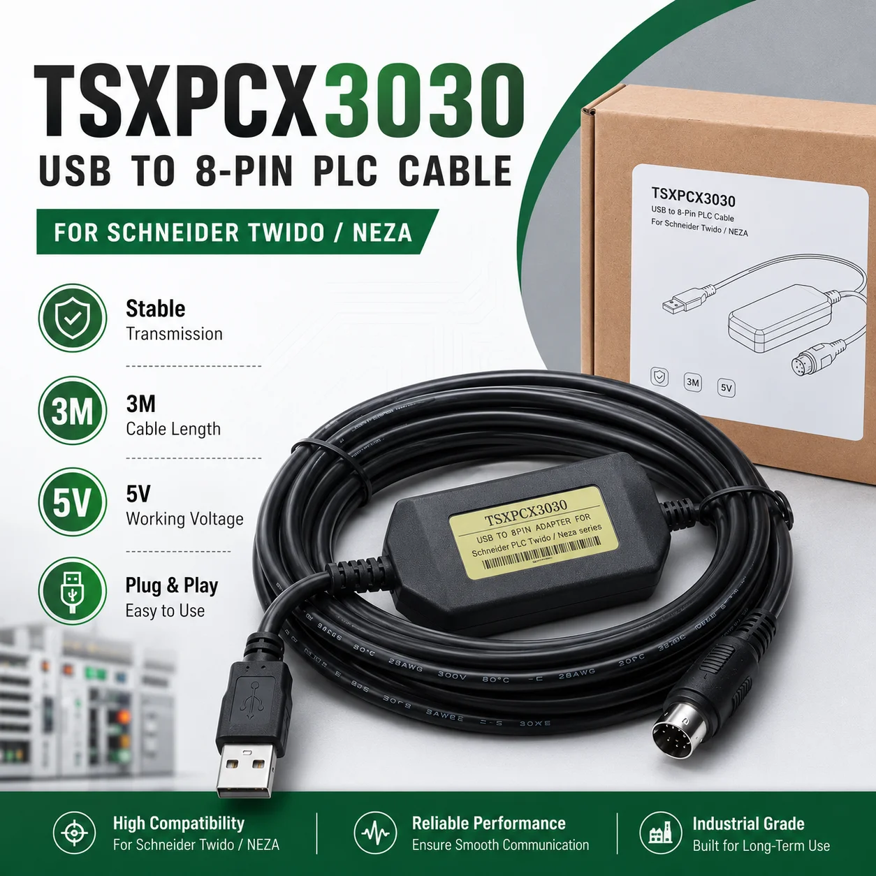 Фото Кабель для программирования ПЛК TSXPCX3030 3M, USB-адаптер для загрузки данных с 8-контактным разъемом для серии Schneider Twido NEZA, коммуникация 5В №2