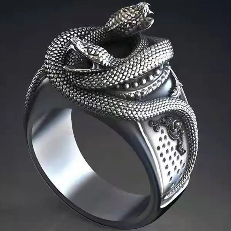 

Punkboy Gothic Cool Antique Silver Color Exaggerated Animal Double Head Wave Bend Snake Finger Metal Ring for Men Party Jewelry