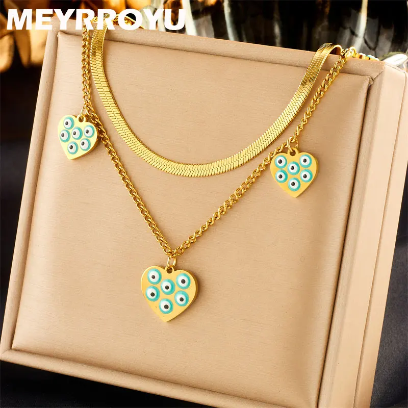 

MEYRROYU 316L Stainless Steel Heart Shape Blue Eyes Pendant Double Layer Clavicle Chain Necklace For Women Trendy Necklace Perso