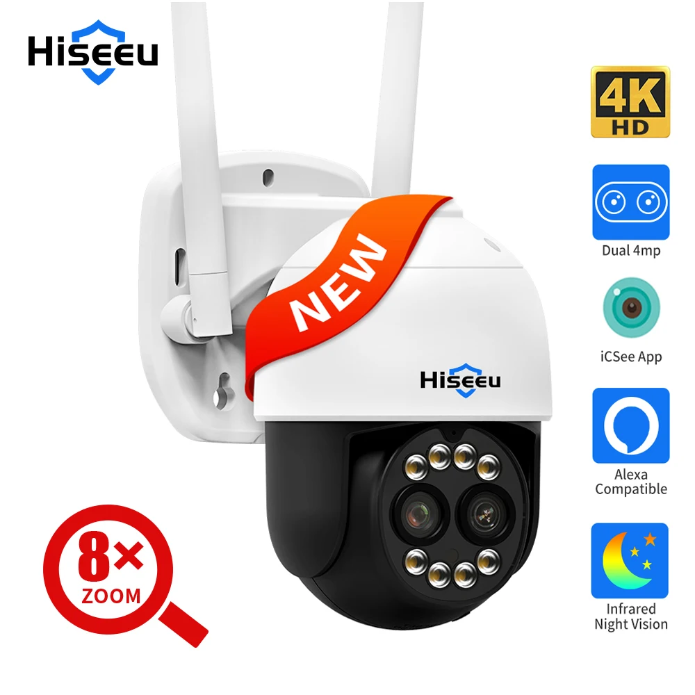 Hiseeu 8MP 4K WIFI IP камера наружная безопасность 8X Zoom 4MP PTZ двойная линза беспроводная