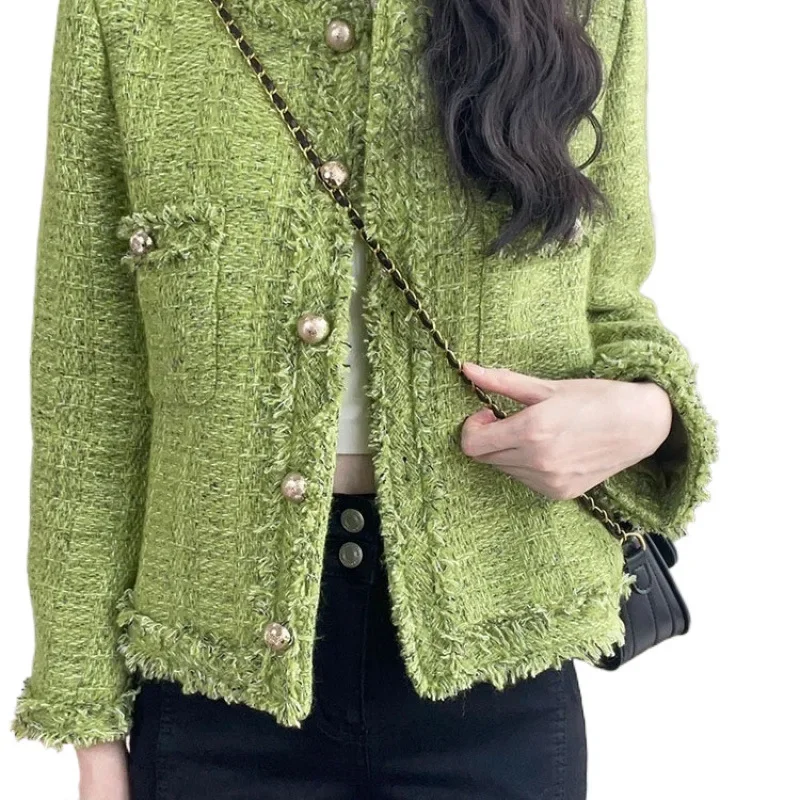 Новинка осени и зимы 2023 корейское однобортное короткое твидовое пальто женские