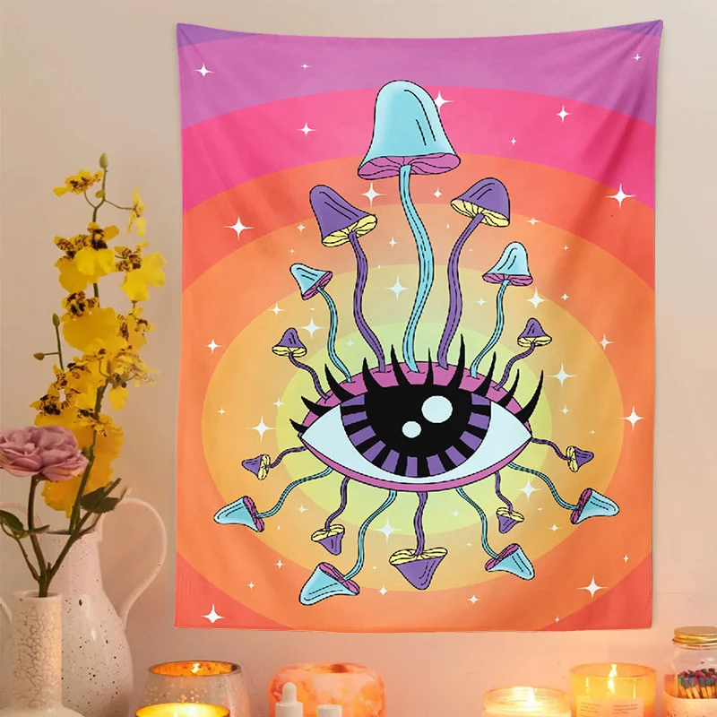 

Psychedelic Mushroom Tapestry Wall Hanging Colorful Sun Rainbow Celestial Floral Tapestry Hippie Eye Wall Carpets Dorm Decor