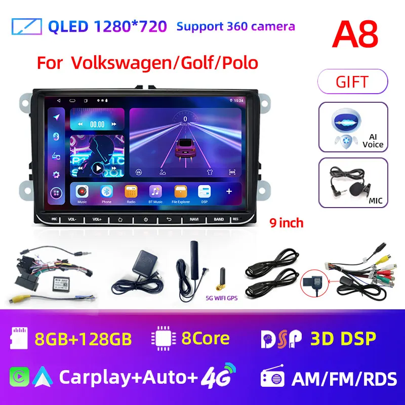 

7 "9" Android 12 360 для VW Volkswagen Golf Polo Skoda Rapid Octavia Radio Tiguan Passat b7 Jetta 2 Din Auto Carplay GPS Radio128G