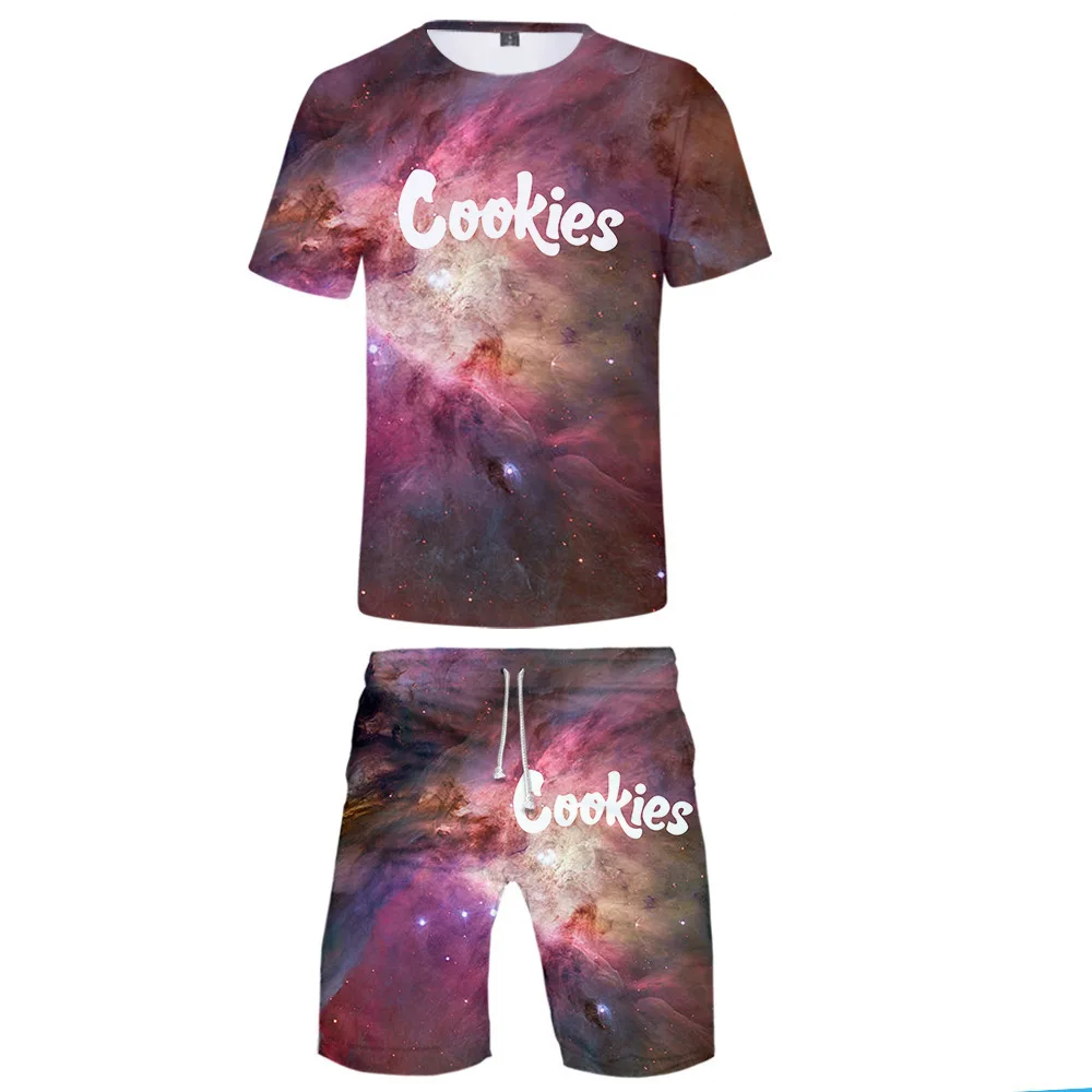 Summer Men's Tracksuits 2 Piece Sets Oversized T-shirt Suit Starry Sky Cookie Pattten Fashion Streetwear Casual Men Clothing