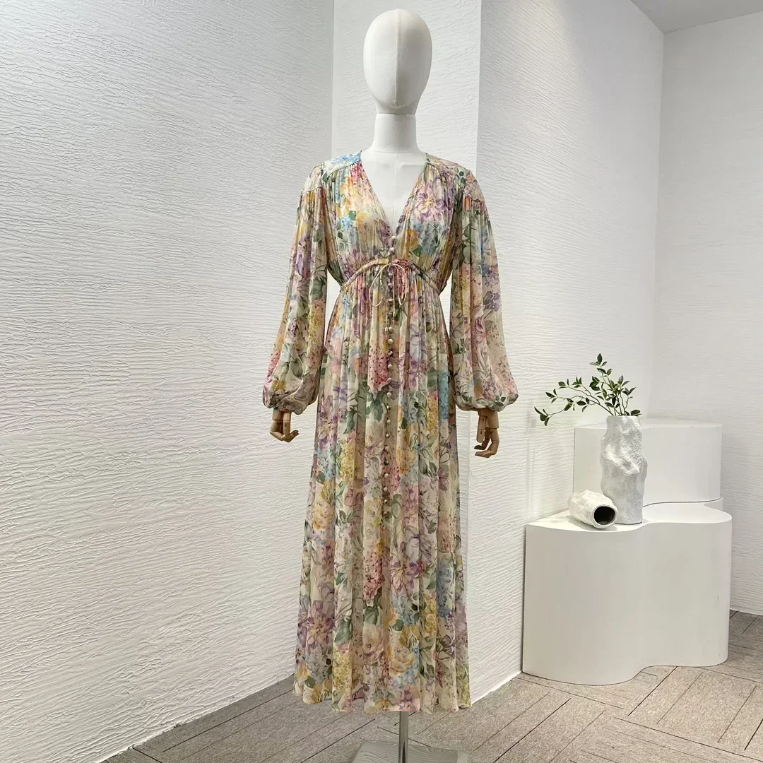 Новая коллекция разноцветное женское платье миди с длинным рукавом и глубоким