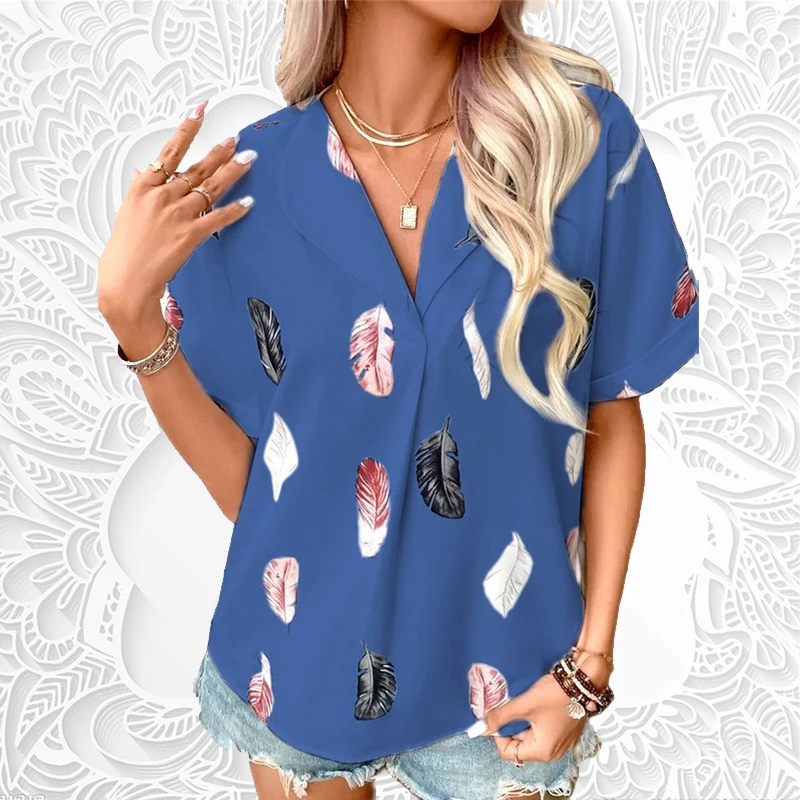 

New Spring Summer Fashion Women's Polo Neck Feather Print Shirt High Quality Short Sleeve T-shirt