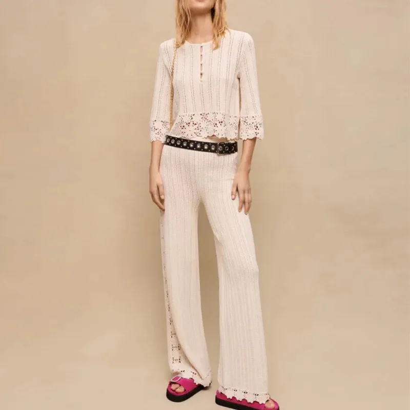 

Комплект вязаного крючком топа с рукавами 7 дюймов + брюки