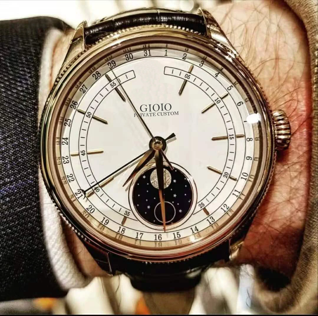 

men automatic mechanical watch moon phase black Leather 39mm