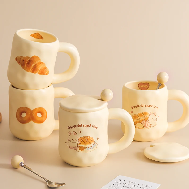 

Ins Style Cartoon Matte Cute Ceramic Mug Bread Coffee Cups with Lid Spoon Retro Milk Tea Color Breakfast Mug Large Handle Cups