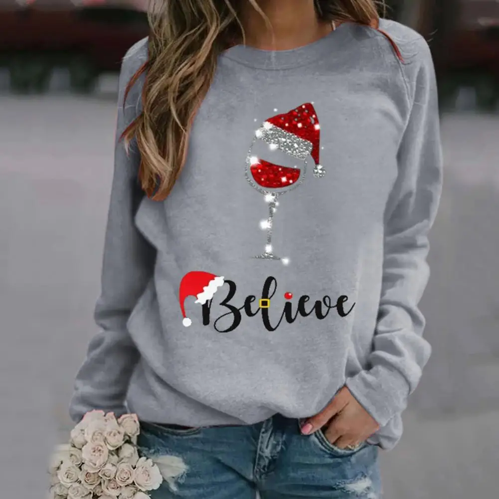 

Classic Pullover Sweatshirt Stretchy All-Match Comfortable Christmas Hat Letter Print Sweatshirt