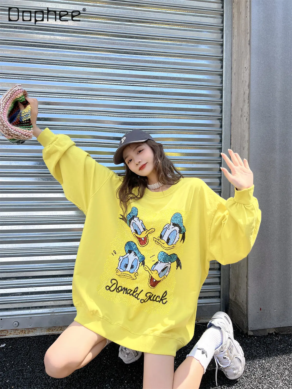 Fall Oversize Loose Fashion Brand Cartoon Print Sweatshirt Women's Casual Embroidered Sequins Round Neck Long Sleeve Hoodie Coat