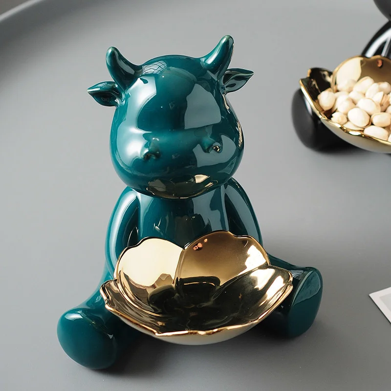 

Ceramic Nordic Decoration Statue Money Box Cattle Figurine Storage Tray Home Living Room Porch Key Good Luck Ornaments