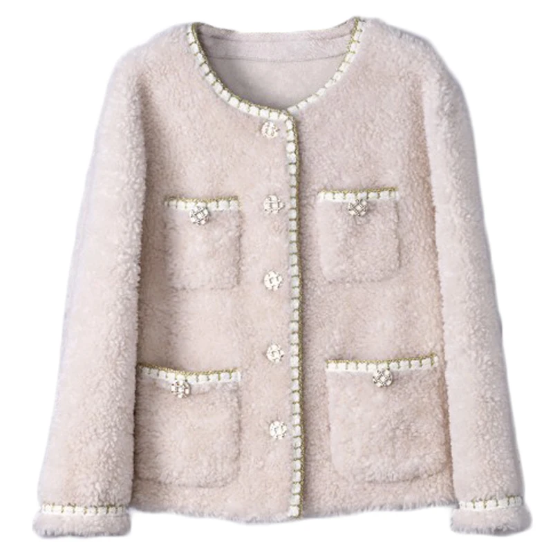 2023 Women Winter Fashion Sheep Shearing Jackets Female Short Round Neck Outerwear Ladies Genuine Wool Fur Warm Coats R362